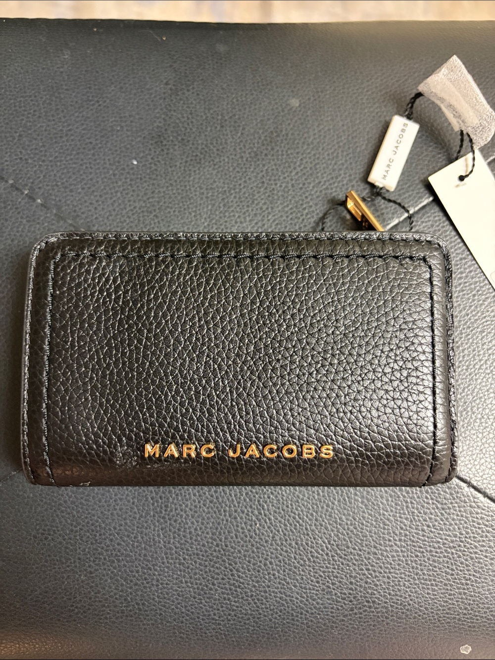 Marc Jacobs Black Pebbled Leather Card Case with Gold Logo